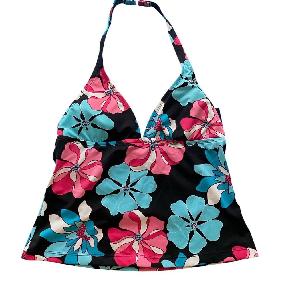 SONOMA Life + Style Tankini Swim Top Womens 10 Black Tropical Floral Halter NEW